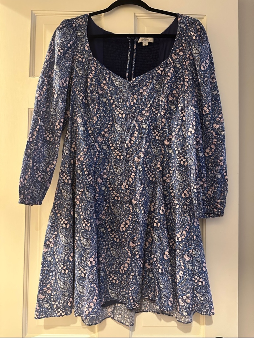 J. Crew Blue Paisley Long Sleeve Dress with Pink Accents